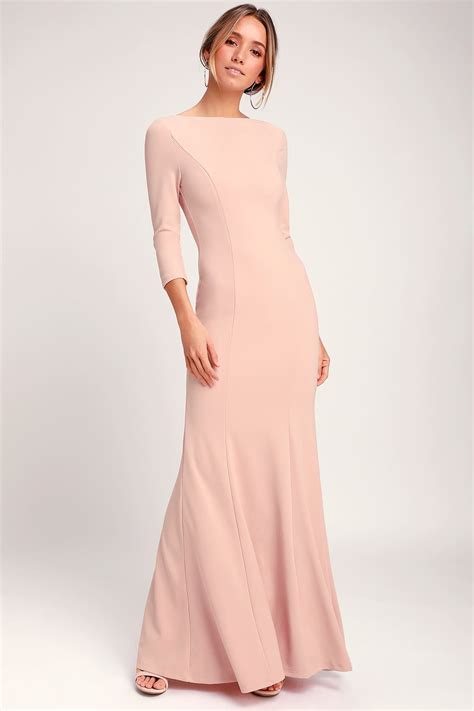 Glamour Galore Blush Pink Button Back Maxi Dress Long Sleeve