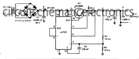 15 V Output Regulated Power Supply Circuit With Ua723 And 2n3055
