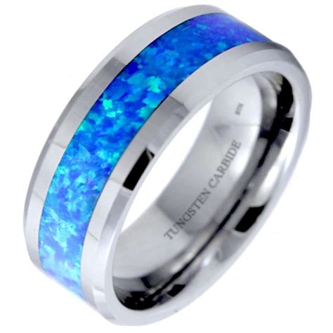 Mens Tungsten Carbide Blue Green Opal Engagement Ring Wedding Band