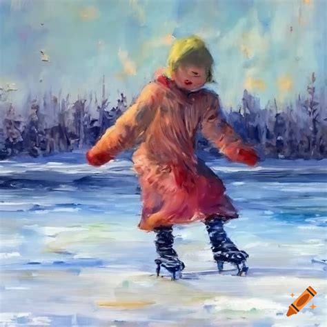 Impressionist Painting Of Kids Ice Skating On A Pond