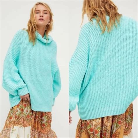 Free People Sweaters Free People Swim Too Deep Chunky Knit Pullover Sweater Rare Turquoise