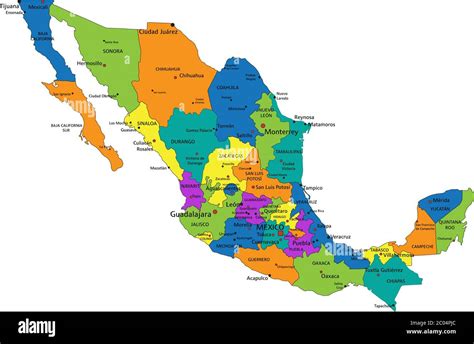 Mapa Político De México Colorido Con Capas Claramente Etiquetadas Y