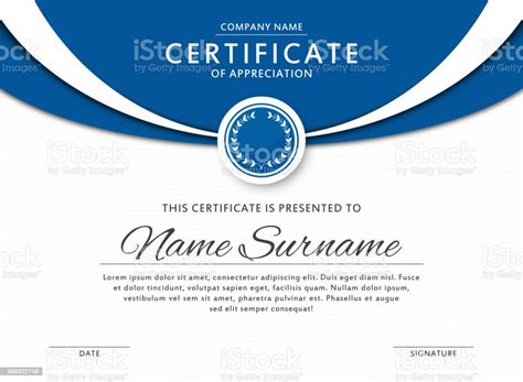 Certificate Template In Elegant Blue Color With Medal And Abstract