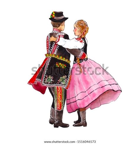 polish folk dancers traditional costumes stock illustration 1516046573