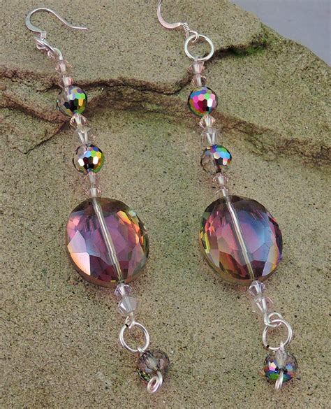 Multi Colored Glass Stone W Swarovski Crystals Dangle Earrings Dangle