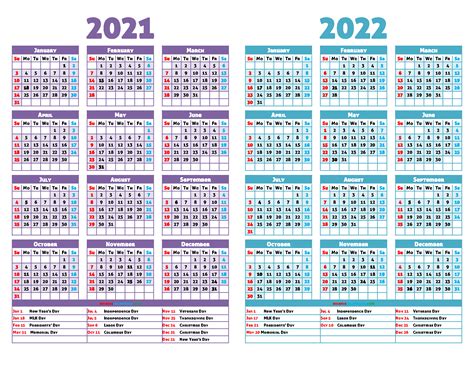 2021 And 2022 Calendar Printable With Holidays Kulturaupice