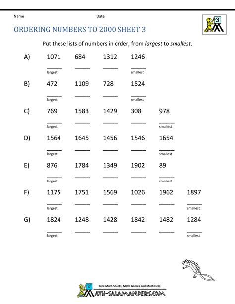 Ordering Numbers Grade 3 Worksheets