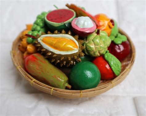 Thailand Handmade Miniature Clay Fruits Doll House In Bamboo Basket