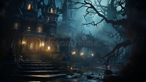 Halloween Scene With Haunted House And Graveyard 3d Render