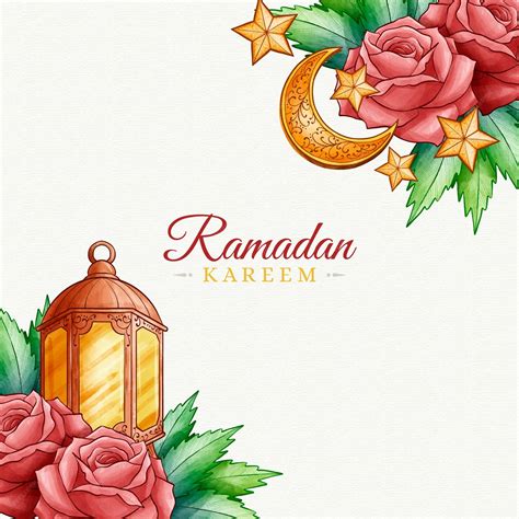 Free Vector Watercolour Happy Ramadan And Roses And Candle