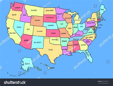 Colorful Cartoon Usa Map เวกเตอร์สต็อก ปลอดค่าลิขสิทธิ์ 307084571