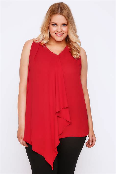 Red Sleeveless Top With Layered Waterfall Front Plus Size 16 To 32