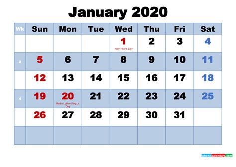 January 2020 Desktop Calendar Monthly