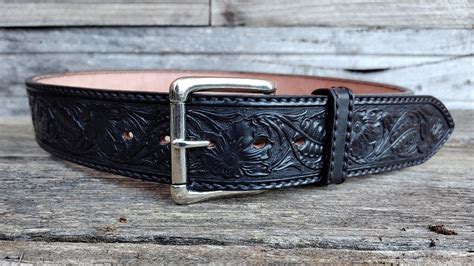 Mens 2 Inch Wide Leather Belt Hand Carved Tooled And Saddle Stitched