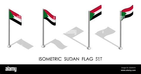 bandera isométrica de la república de sudán en posición estática y en movimiento sobre asta de