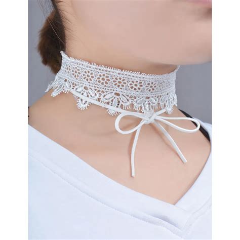 Elegant Sexy White Lace Choker Faux Suede Tie Bow Gothic Choker Beaded