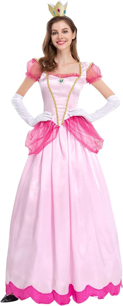 Women Princess Peach Costume With Peach Crown And Gloves For Halloween Cosplay Carnival Adults