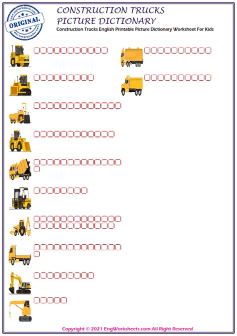 Construction Trucks Printable English Esl Vocabulary Worksheets