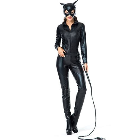 Black Sexy Pu Patent Leather Locomotive Catwoman Jumpsuit Costumes