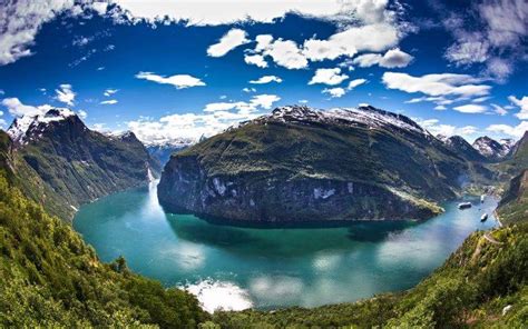 Panoramas Norway Geiranger Cruise Ship Mountain Forest Snowy Peak