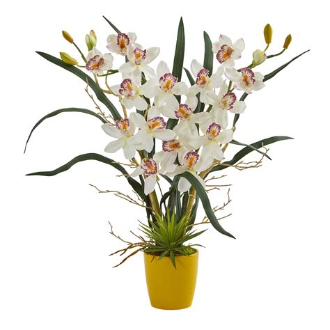 Nearly Natural Cymbidium Orchid Artificial Arrangement In Yellow Vase