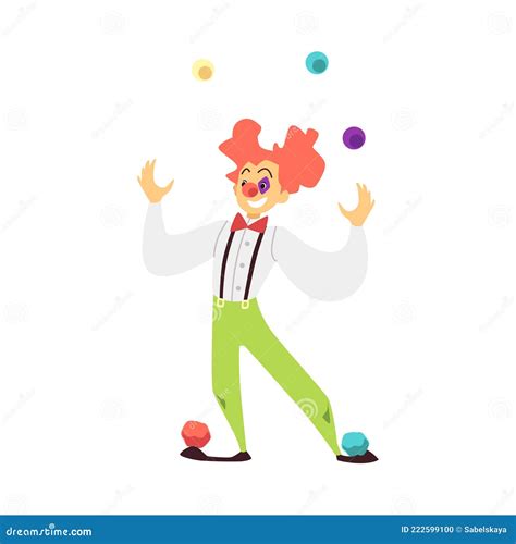 Funny Circus Clown Juggle Colorful Balls Flat Vector Illustration