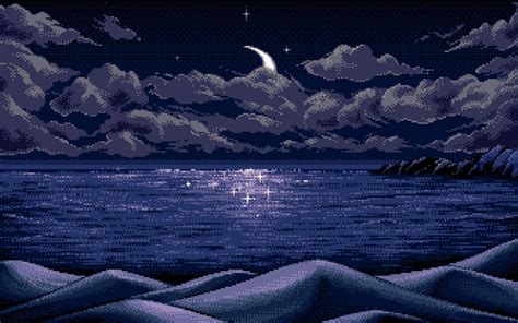 Digital Art Pixel Art Pixels Moon Horizon Blue Reflection Nature