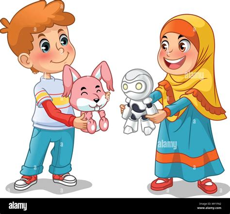 Muslim Girl And Boy Exchanging Ts And Making Friends Cartoon