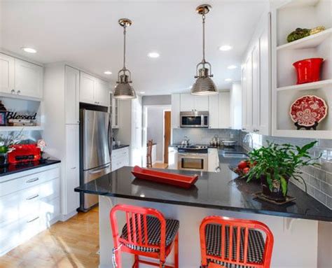 Light wood and white kitchen cabinets, white floor tiles, red walls. White Cabinetry, Gray Subway Tile and Belgium Moon Quartz ...