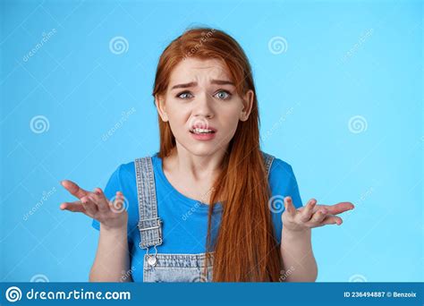 Puzzled Confused Redhead Cute Woman Look Ambushed Raise Hands Shrugging Uncertain Frowning