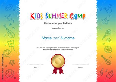 Kids Summer Camp Diploma Or Certificate Template Award Seal With Fun