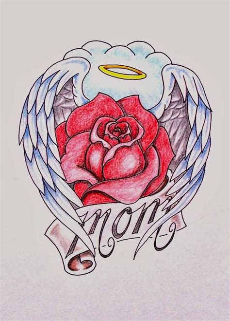 Lovely Rose Cover With Angel Wings And Mom Banner Tattoo Mom Tattoo Designs Mom Tattoos