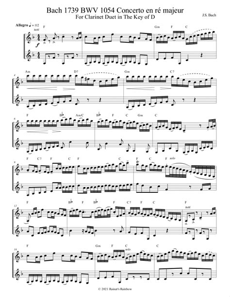 Bach 1739 Bwv 1054 Concerto En Ré Majeur As Duet For 2 Clarinets In A