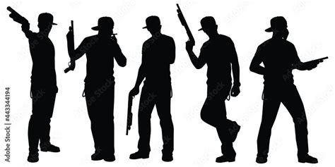 Set Of Gangster Men With Shotgun Silhouette Vector On White Background