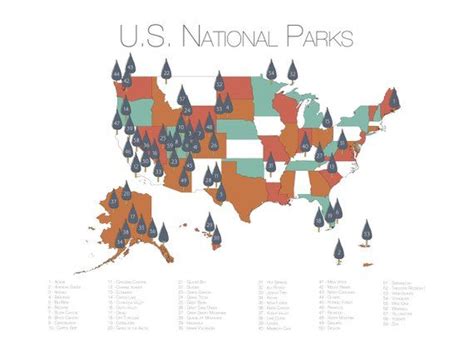 National Park Map 63 National Parks Checklist Adventure Etsy Us