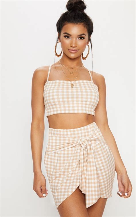Nude Gingham Tie Front Mini Skirt Mini Skirts Trendy Fall Outfits