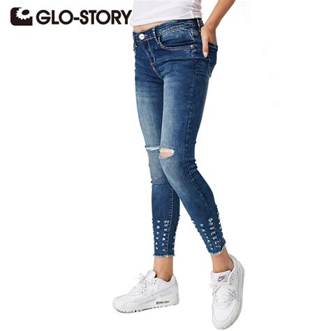 Glo Story Tassel Jeans With Pockets Chic Hole Women Jeans 2017 Regular