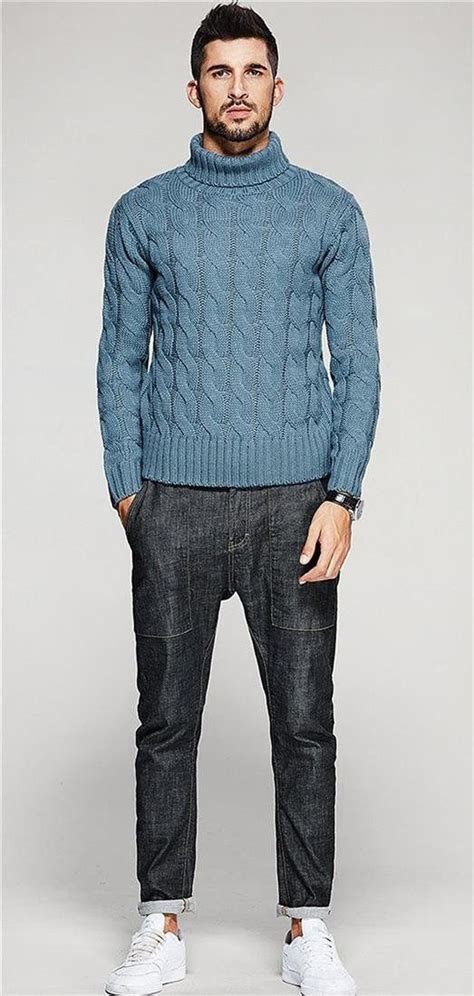 Mens Sweater Thick Turtleneck Knitted Slim For Autumn Men Sweater