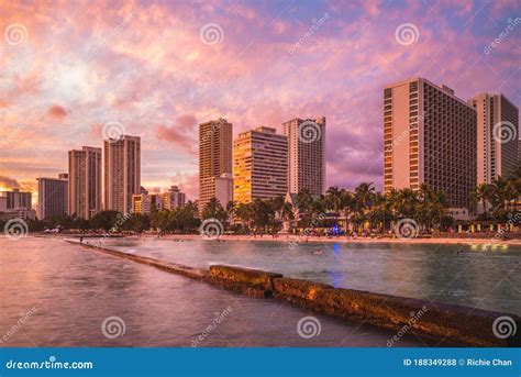 Skyline Of Honolulu At Waikiki Beach Hawaii Us Stock Photo Image Of