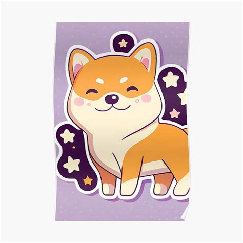 Cute Kawaii Shiba Inu Shibe On A Lavender Colored Background Poster
