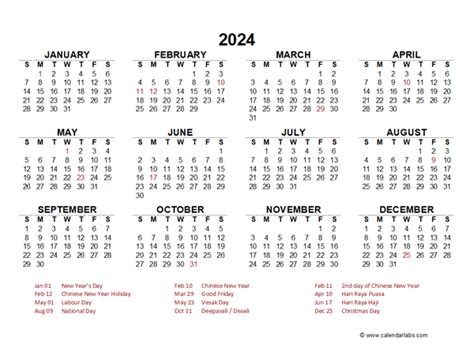 2024 Year At A Glance Calendar With Singapore Holidays Free Printable