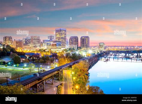 Downtown Richmond Virginia Skyline And The James River At Twilight