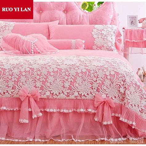 White Pink Korean Princess Bedding Set 4pcs Lace Ruffles Duvet Cover