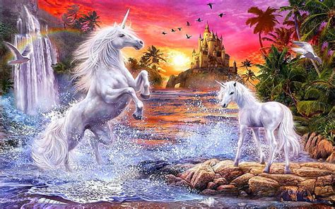Hd Wallpaper Fantasy Unicorns Castle Sunset River Falls Palm Flowers