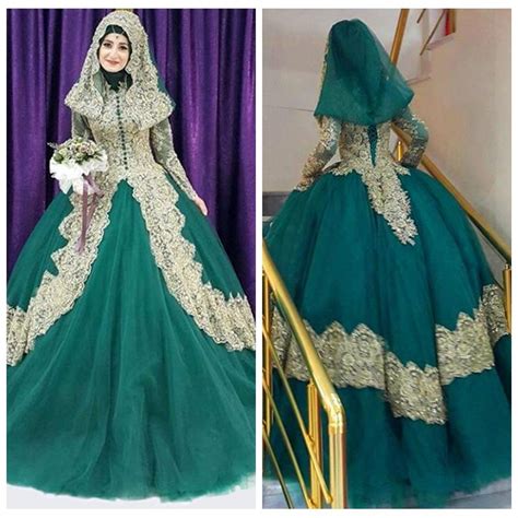 Muslim High Neck Long Sleeves Ball Gown Wedding Dresses Hijab Lace Up Back Gold Lace Appliques