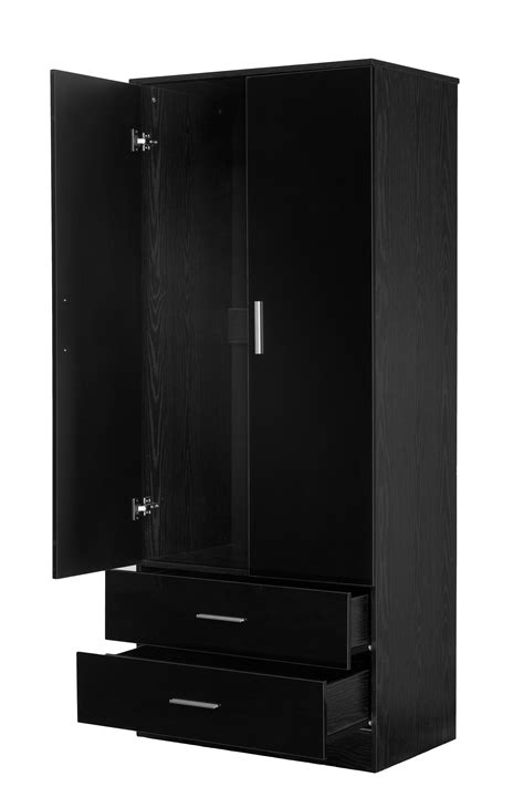 Reflect High Gloss 2 Door 2 Drawer Combination Plain Wardrobe In Black And Black Oak