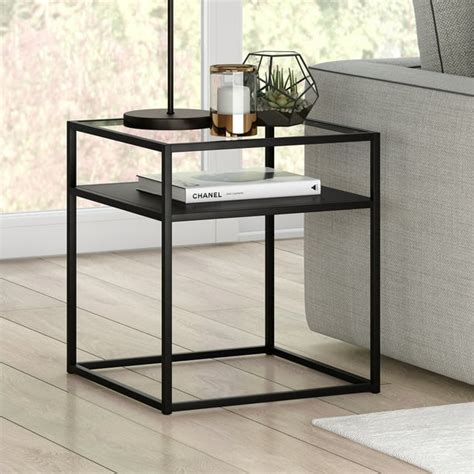 Evelynandzoe Industrial Side Table With Glass Top With Glass Top