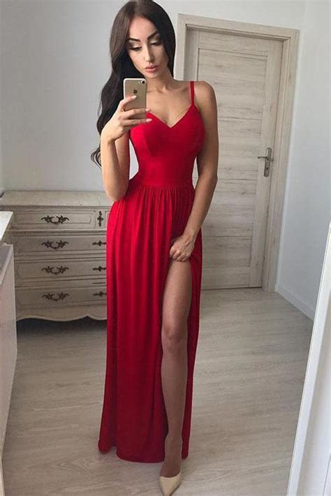 Simple A Line Red Spaghetti Straps Chiffon Prom Dresses V Neck Side Slit Evening Dress On Sale