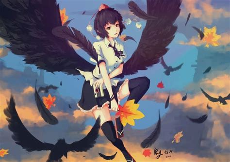 1girl Absurdres Artist Name Autumn Leaves Bird Black Hair Black Legwear