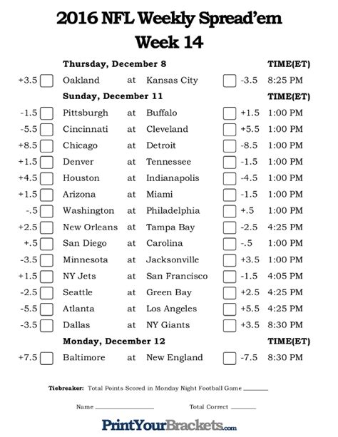 Nfl Week 14 Printable Pick Sheet Dont Miss Out On Official Gear From